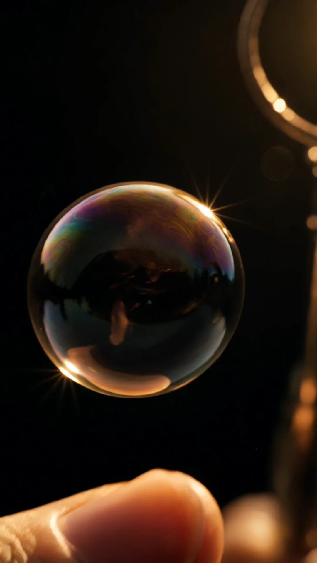 A soap bubble rising out of a bubble-wand ring in warm golden light