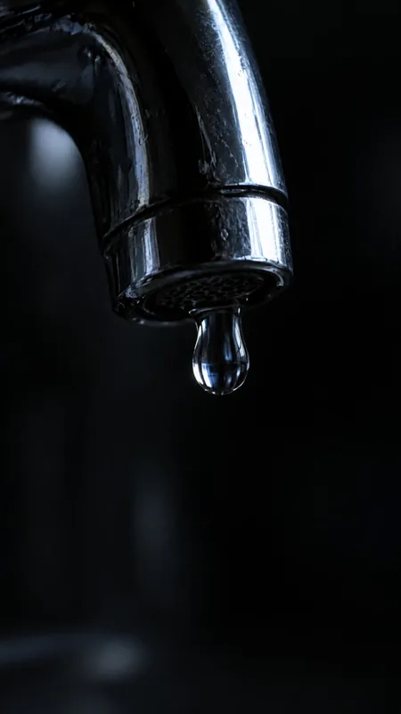 The film's first frame: a drop forming on a dark tap