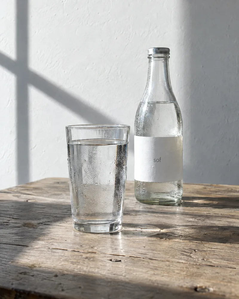 A product photo: a glass of water and a bottle labelled sof on an oak table in daylight