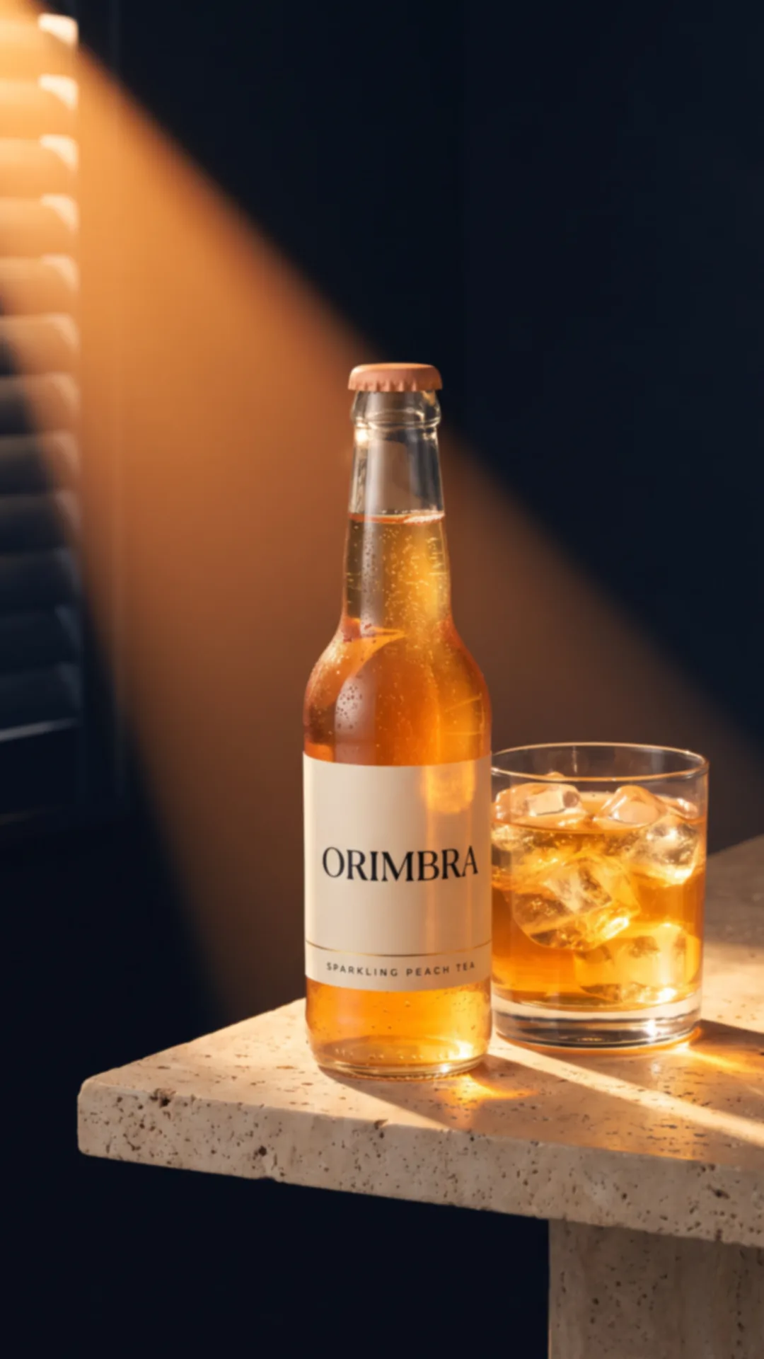 A bottle of ORIMBRA sparkling peach tea and an iced glass on a stone ledge in a shaft of warm light