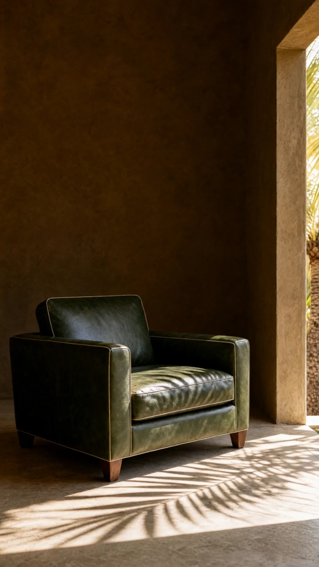 A bottle-green leather armchair with ecru piping in a dim ochre stone room, palm-leaf shadows across the floor and a palm through a tall opening