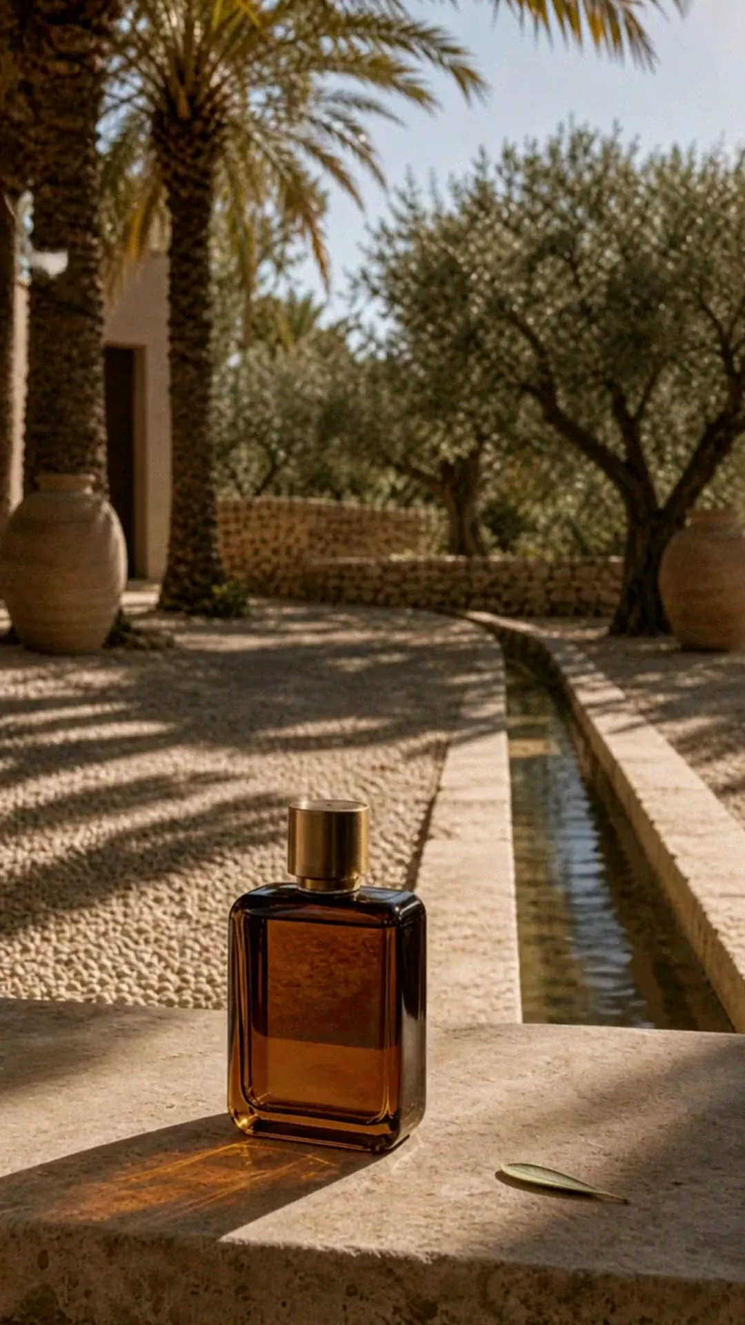 An amber glass perfume bottle with a brass cap on a limestone bench beside a stone water channel, palms and old olive trees in low sun behind it